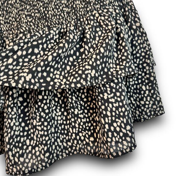 L Love High Waisted Ruffle Mini Skirt Smocked Waist Black Tan Spots Size Small - Picture 3 of 6